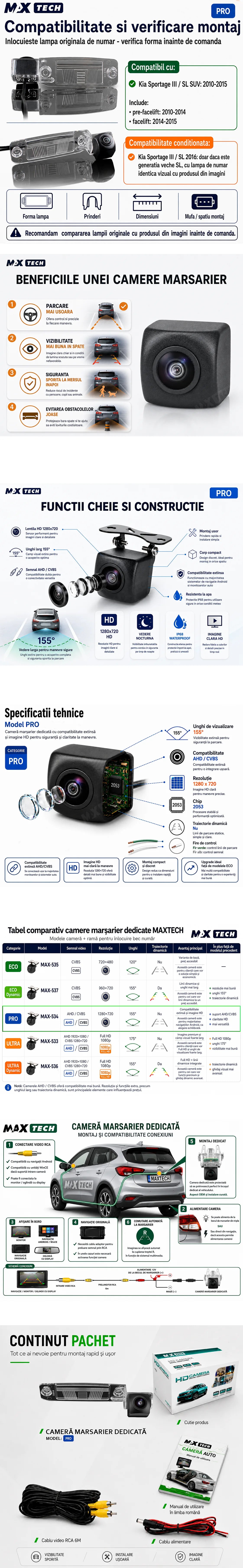 Camera marsarier Toyota Corolla E140 E150 dedicata, MaxTech PRO, suport lampa numar OEM, AHD/CVBS 1280x720, unghi 155 grade, RCA, navigatii Android aftermarket