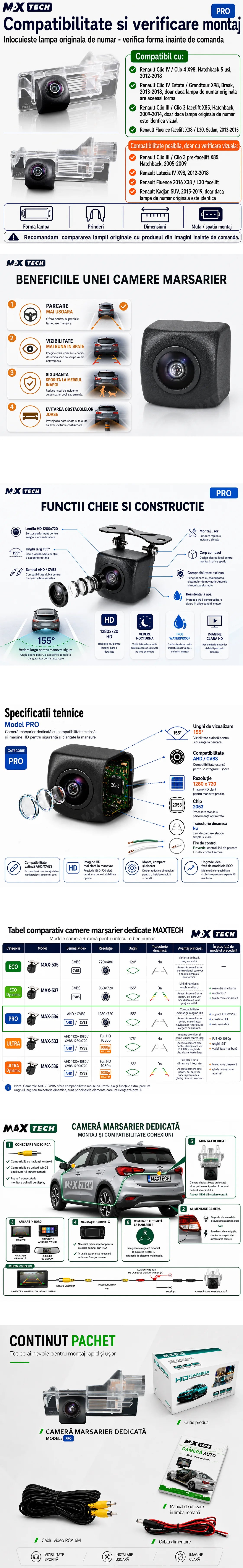 Camera marsarier Renault Clio IV X98, Clio III X85, Fluence X38 L30, Kadjar dedicata, MaxTech PRO, suport lampa numar OEM, AHD/CVBS 1280x720, unghi 155 grade, RCA, navigatii Android aftermarket