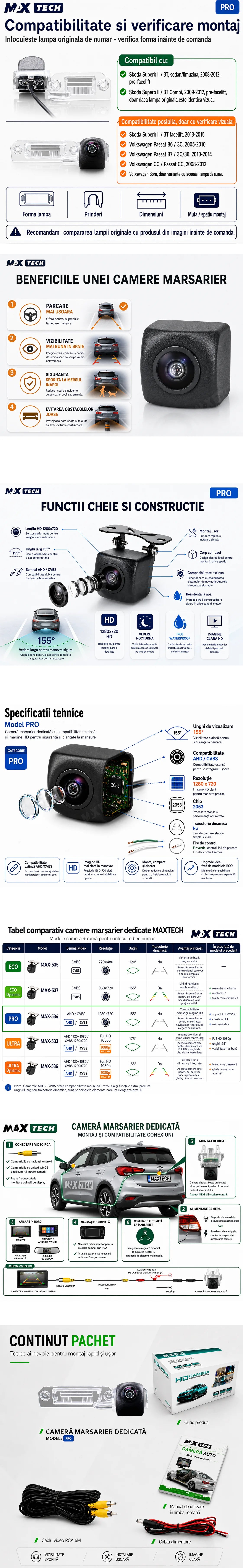 Camera marsarier Skoda Superb II 3T, Volkswagen Passat B6 B7, Passat CC, VW CC dedicata, MaxTech PRO, suport lampa numar OEM, AHD/CVBS 1280x720, unghi 155 grade, RCA, navigatii Android aftermarket