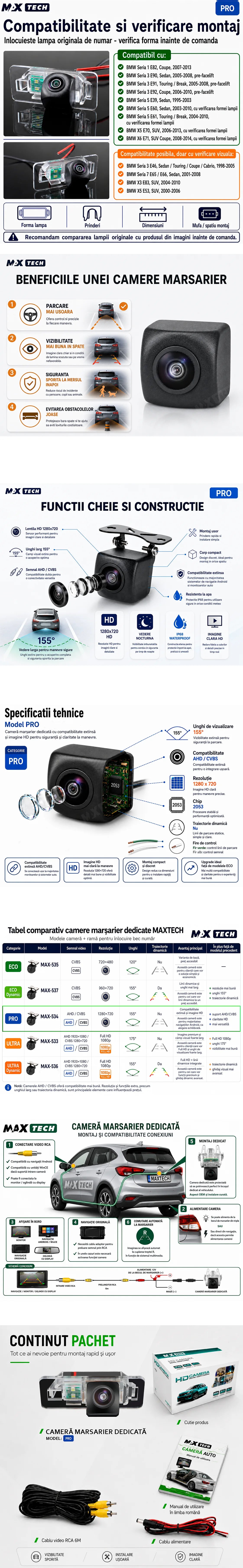 Camera marsarier BMW Seria 1 E82, Seria 3 E90 E91 E92, Seria 5 E39 E60 E61, X5 E70, X6 E71 dedicata, MaxTech PRO, suport lampa numar OEM, AHD/CVBS 1280x720, unghi 155 grade, RCA, navigatii Android aftermarket