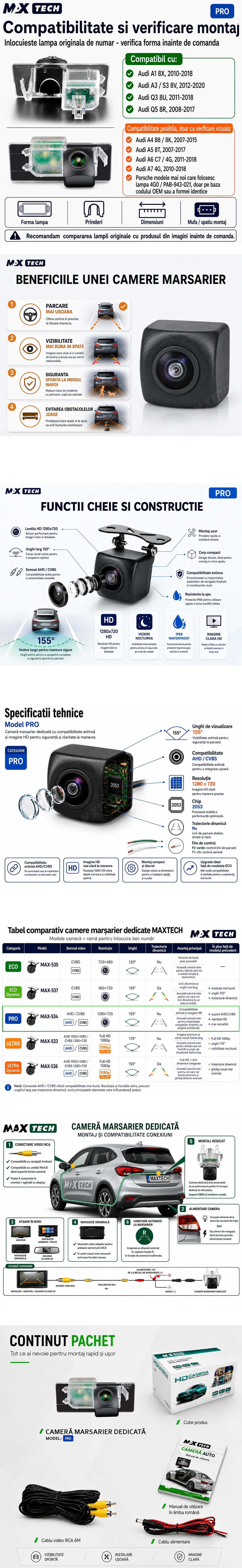 Camera marsarier Audi A1 8X, A3 S3 8V, Q3 8U, Q5 8R dedicata, MaxTech PRO, suport lampa numar OEM, AHD/CVBS 1280x720, unghi 155 grade, RCA, navigatii Android aftermarket