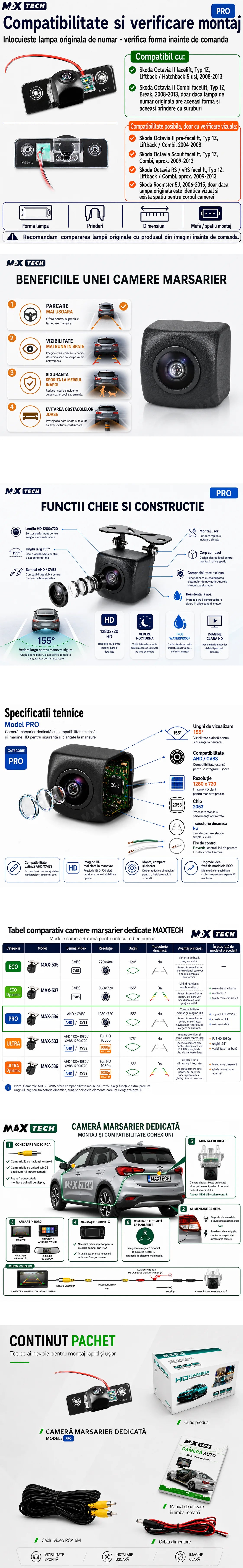 Camera marsarier Skoda Octavia II facelift, Octavia Combi, Octavia Scout, Octavia RS, Roomster dedicata, MaxTech PRO, suport lampa numar OEM, AHD/CVBS 1280x720, unghi 155 grade, RCA, navigatii Android aftermarket