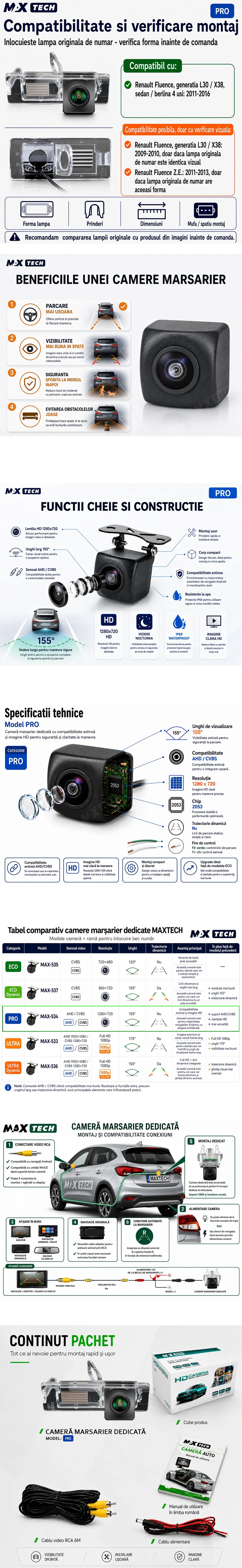 Camera marsarier Renault Fluence L30 X38 dedicata, MaxTech PRO, suport lampa numar OEM, AHD/CVBS 1280x720, unghi 155 grade, RCA, navigatii Android aftermarket