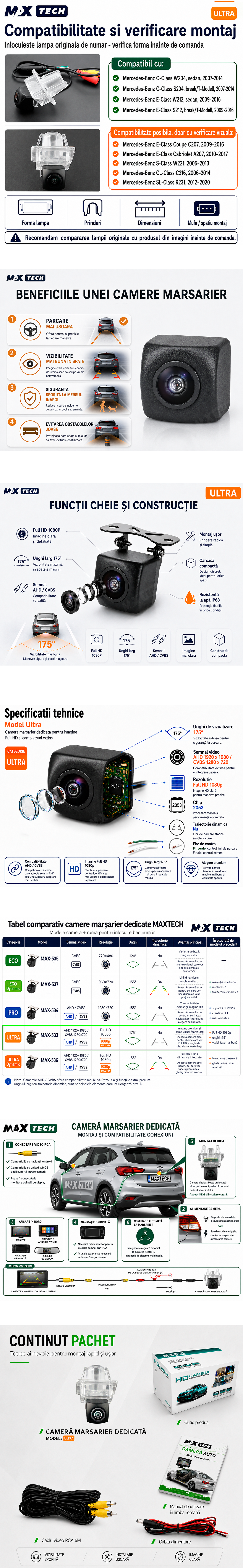 Camera marsarier Mercedes C-Class W204 S204, E-Class W212 S212 dedicata, MaxTech ULTRA, suport lampa numar OEM, Fisheye AHD 1080p / CVBS 720p, unghi 175 grade, RCA, navigatii Android aftermarket