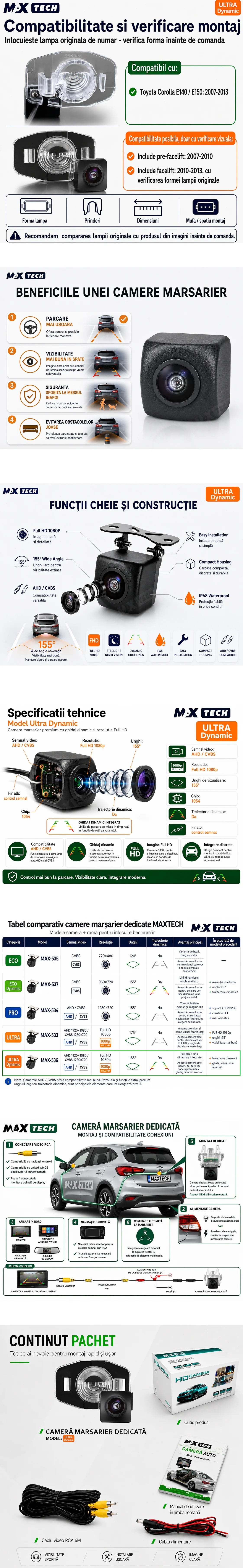 Camera marsarier Toyota Corolla E140 E150 dedicata, MaxTech ULTRA Dynamic, suport lampa numar OEM, AHD 1080p CVBS 720p, unghi 155 grade, linii dinamice, RCA, navigatii Android aftermarket