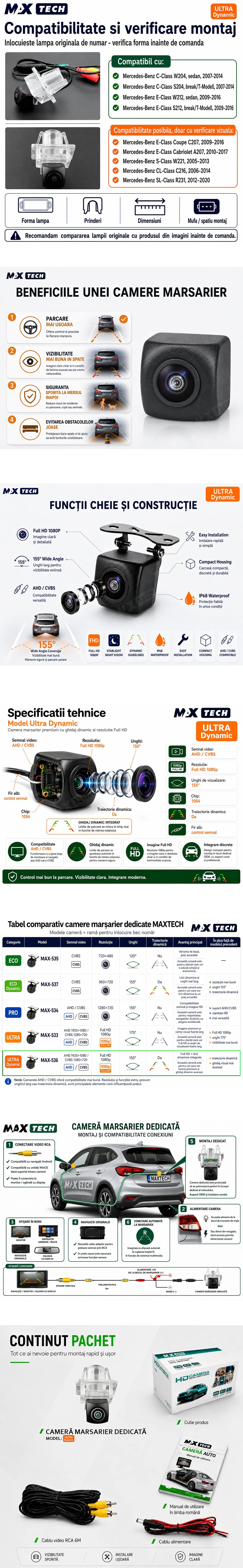 Camera marsarier Mercedes-Benz C-Class W204 S204, E-Class W212 S212 dedicata, MaxTech ULTRA Dynamic, suport lampa numar OEM, AHD 1080p CVBS 720p, unghi 155 grade, linii dinamice, RCA, navigatii Android aftermarket