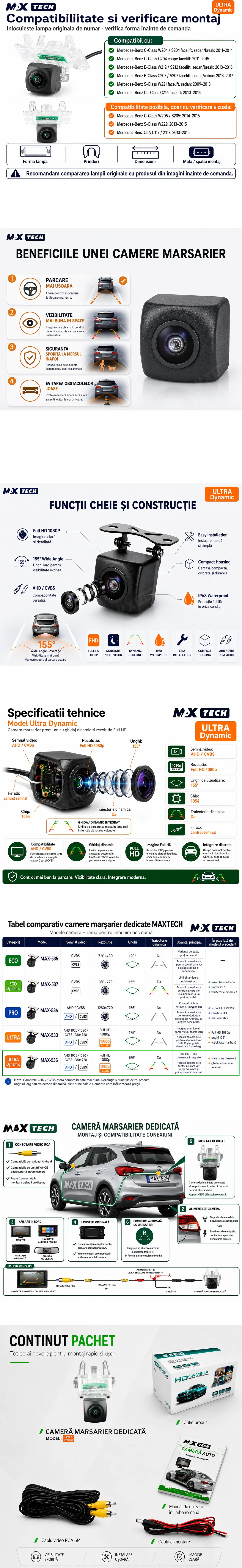 Camera marsarier Mercedes-Benz C-Class, E-Class, S-Class, CL-Class dedicata, MaxTech ULTRA Dynamic, suport lampa numar OEM, AHD 1080p CVBS 720p, unghi 155 grade, linii dinamice, RCA, navigatii Android aftermarket