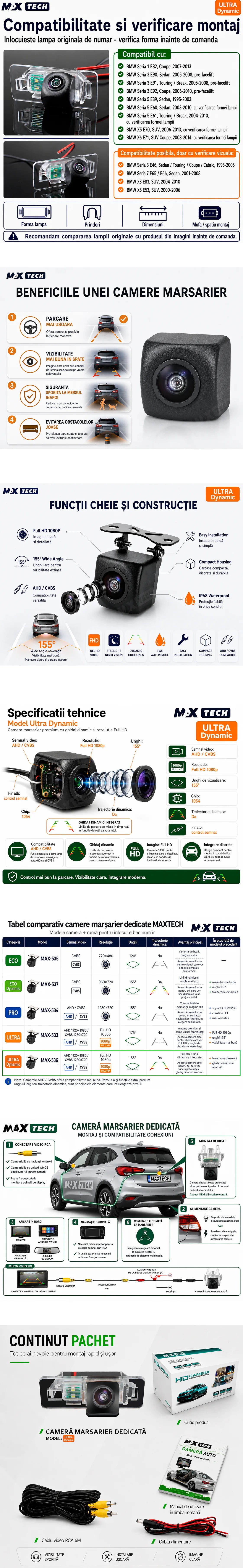 Camera marsarier BMW Seria 1 E82, Seria 3 E90 E91 E92, Seria 5 E39 E60 E61, X5 E70, X6 E71 dedicata, MaxTech ULTRA Dynamic, suport lampa numar OEM, AHD 1080p CVBS 720p, unghi 155 grade, linii dinamice, RCA, navigatii Android aftermarket
