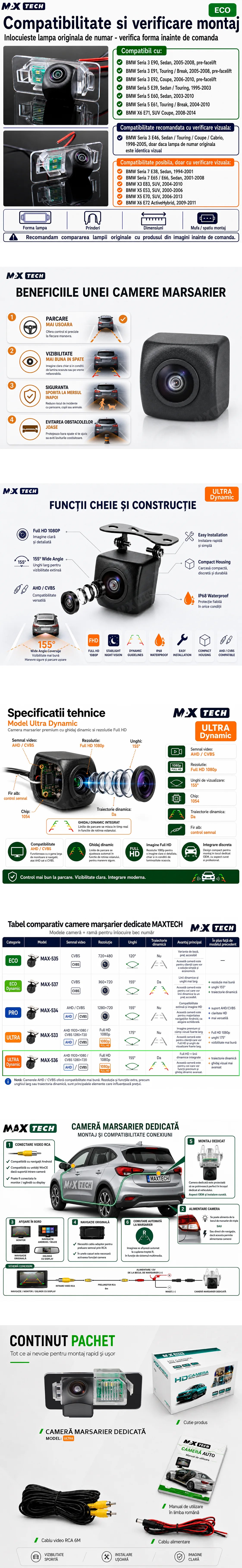 Camera marsarier BMW Seria 3 E90 E91 E92, Seria 5 E39 E60 E61, X6 E71 dedicata, MaxTech ULTRA Dynamic, suport lampa numar OEM, AHD 1080p CVBS 720p, unghi 155 grade, linii dinamice, RCA, navigatii Android aftermarket