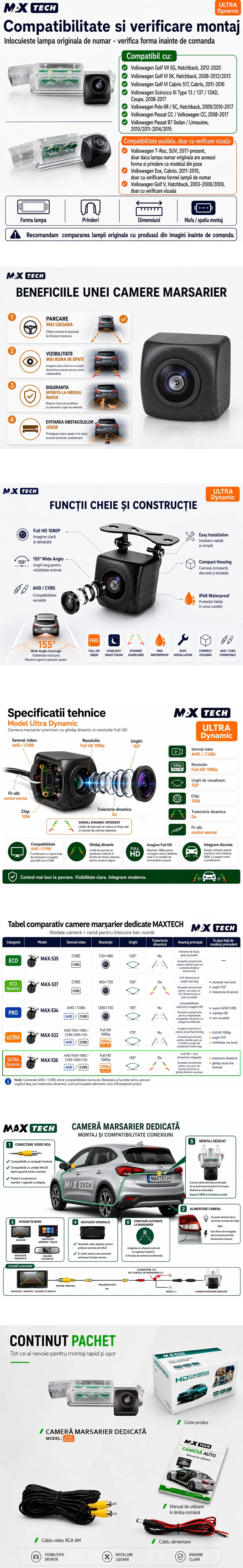 Camera marsarier Volkswagen Golf VII, Golf VI, Golf VI Cabrio, Scirocco, Polo 6R 6C, Passat CC, Passat B7 dedicata, MaxTech ULTRA Dynamic, suport lampa numar OEM, AHD 1080p CVBS 720p, unghi 155 grade, linii dinamice, RCA, navigatii Android aftermarket