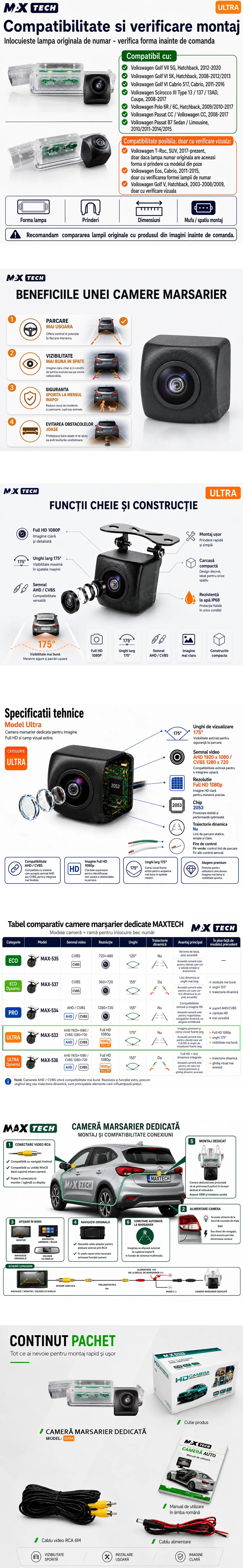 Camera marsarier Volkswagen Golf VII VI, Scirocco III, Polo 6R 6C, Passat CC, Passat B7 dedicata, MaxTech ULTRA, suport lampa numar OEM, Fisheye AHD 1080p / CVBS 720p, unghi 175 grade, RCA, navigatii Android aftermarket