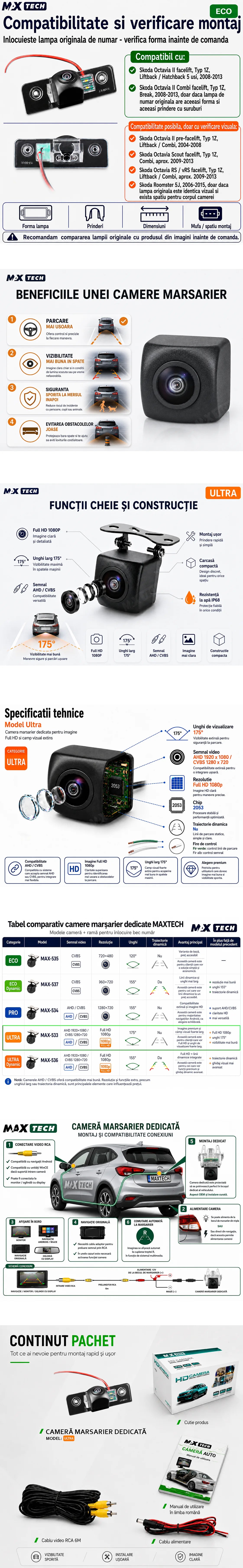 Camera marsarier Skoda Octavia II facelift, Octavia II Combi, Octavia Scout, Octavia RS, Roomster dedicata, MaxTech ULTRA, suport lampa numar OEM, Fisheye AHD 1080p / CVBS 720p, unghi 175 grade, RCA, navigatii Android aftermarket