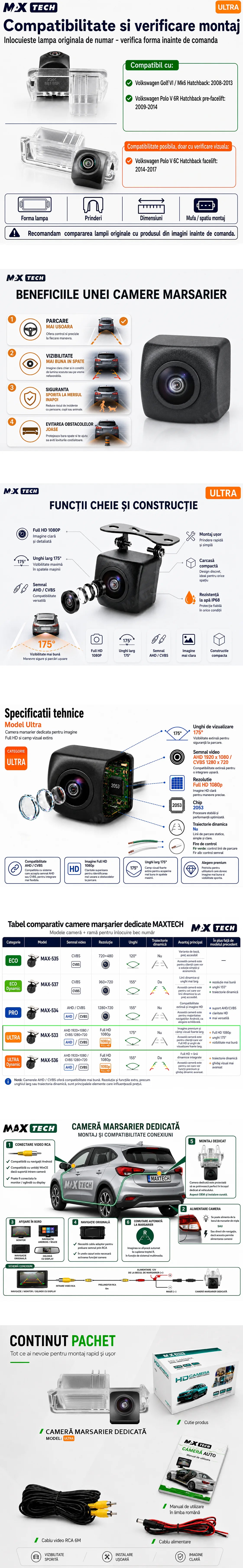 Camera marsarier Volkswagen Golf VI Mk6, Polo V 6R dedicata, MaxTech ULTRA, suport lampa numar OEM, Fisheye AHD 1080p / CVBS 720p, unghi 175 grade, RCA, navigatii Android aftermarket