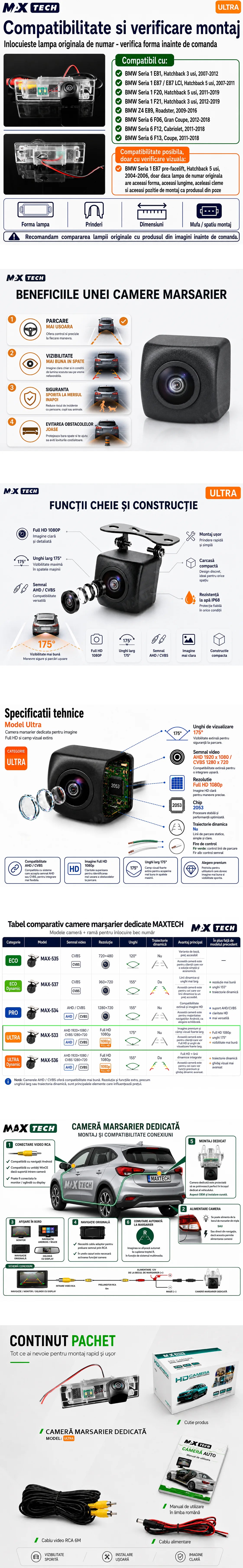 Camera marsarier BMW Seria 1 E81 E87 F20 F21, Z4 E89, Seria 6 F06 F12 F13 dedicata, MaxTech ULTRA, suport lampa numar OEM, Fisheye AHD 1080p / CVBS 720p, unghi 175 grade, RCA, navigatii Android aftermarket