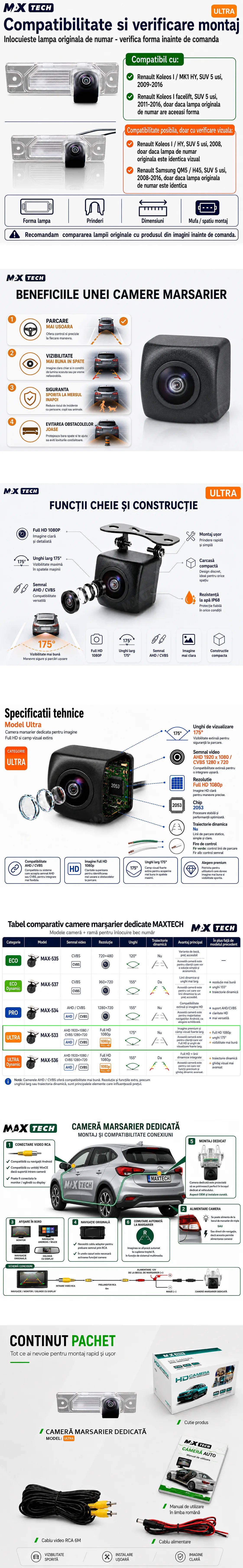 Camera marsarier Renault Clio IV, Clio III Facelift, Fluence Facelift, Kadjar dedicata, MaxTech ULTRA, suport lampa numar OEM, Fisheye AHD 1080p / CVBS 720p, unghi 175 grade, RCA, navigatii Android aftermarket