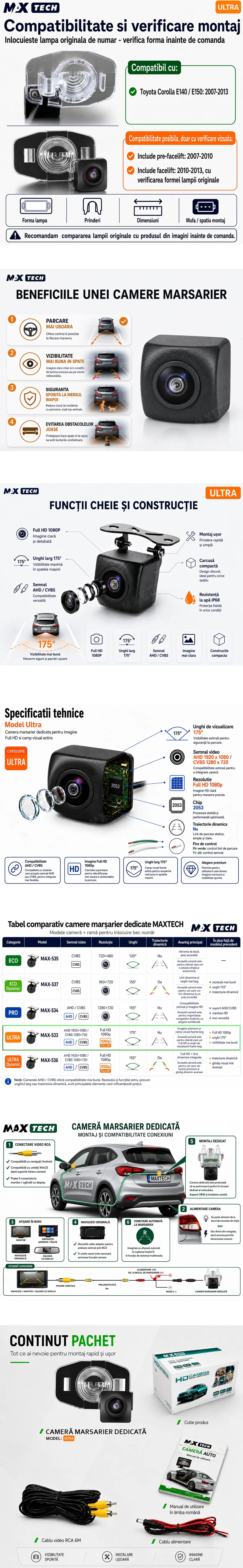Camera marsarier Toyota Corolla E140 E150 dedicata, MaxTech ULTRA, suport lampa numar OEM, Fisheye AHD 1080p / CVBS 720p, unghi 175 grade, RCA, navigatii Android aftermarket