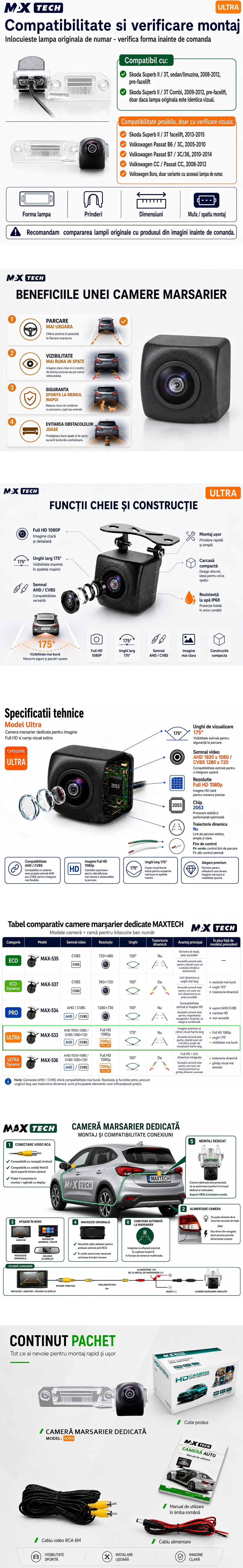 Camera marsarier Skoda Superb II 3T, Volkswagen Passat B6 B7, Passat CC dedicata, MaxTech ULTRA, suport lampa numar OEM, Fisheye AHD 1080p / CVBS 720p, unghi 175 grade, RCA, navigatii Android aftermarket