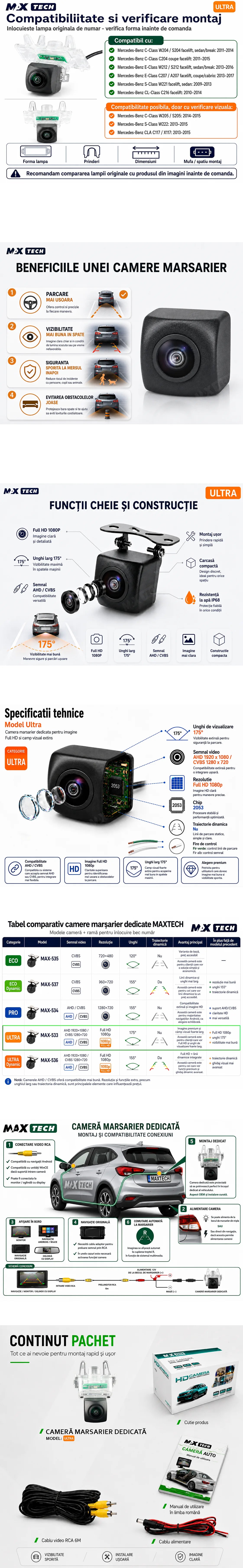 Camera marsarier Mercedes C-Class E-Class S-Class CL-Class dedicata, MaxTech ULTRA, suport lampa numar OEM, Fisheye AHD 1080p / CVBS 720p, unghi 175 grade, RCA, navigatii Android aftermarket