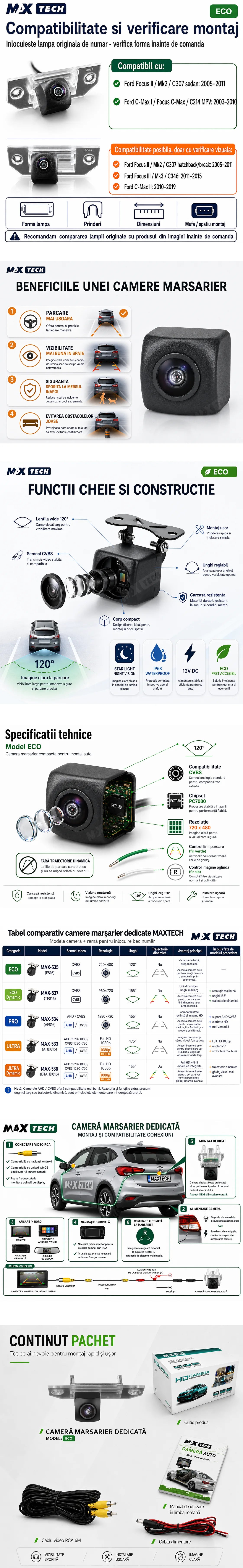 Camera marsarier Ford Focus II sedan, C-Max I dedicata, MaxTech ECO, suport lampa numar OEM, Fisheye CVBS 720x480, unghi 120 grade, RCA, navigatii Android aftermarket