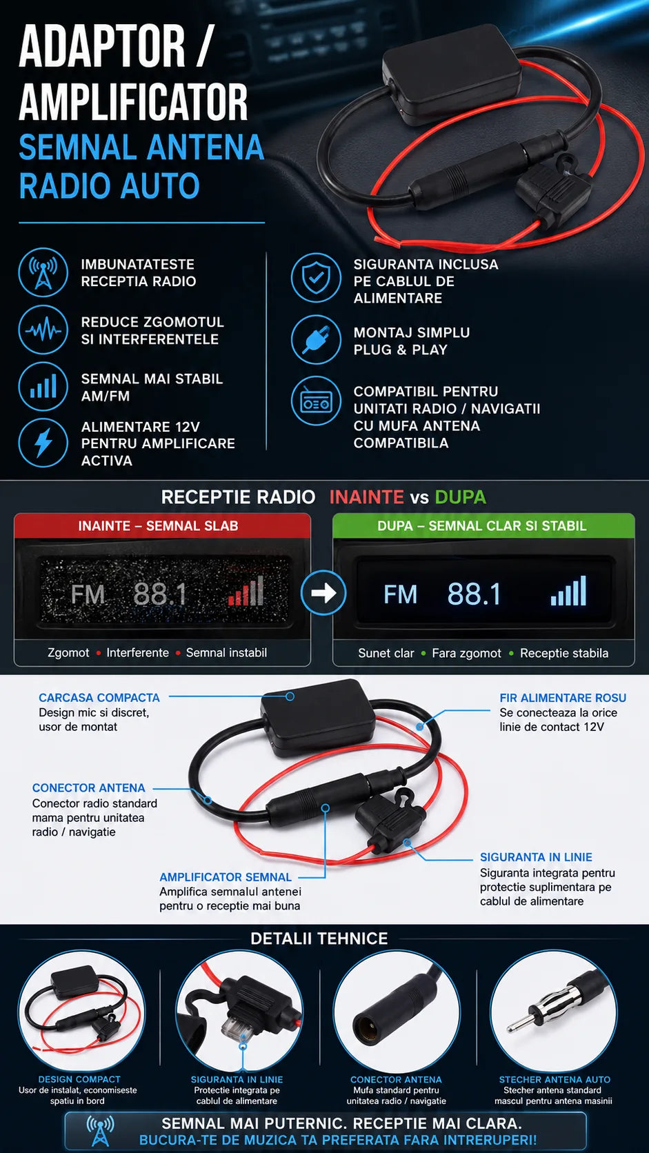 Adaptor amplificator semnal antena radio auto AM/FM 12V, mufa Motorola, fir alimentare cu siguranta