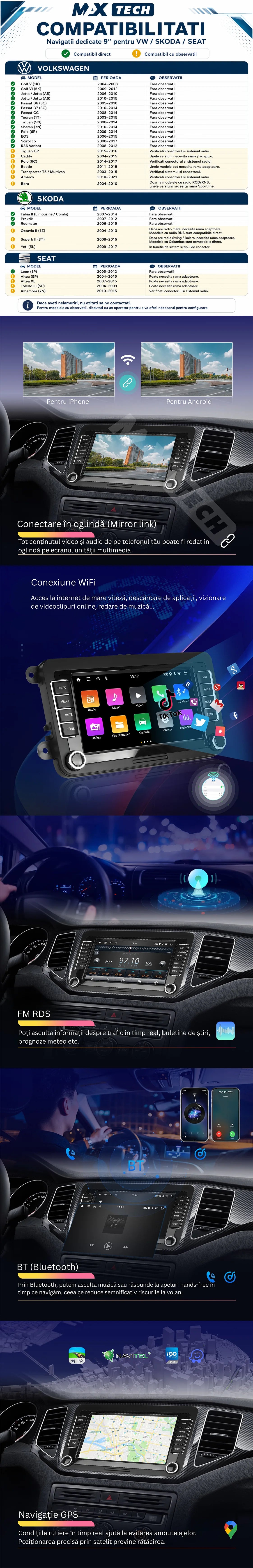 Navigatie Volkswagen, Skoda, SEAT Android, MaxTech® ECO SERIES, 1GB RAM, 16GB, ecran 7 inch HD Touch, Golf, Passat, Jetta, Octavia, Leon, GPS, WiFi, Bluetooth, Waze