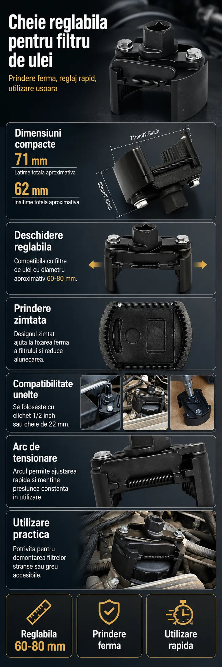 Cheie reglabila pentru filtru ulei 60-80mm, MaxTech, prindere 1/2 inch si cheie 22mm, extractor filtru ulei auto, zimti antialunecare, metal negru