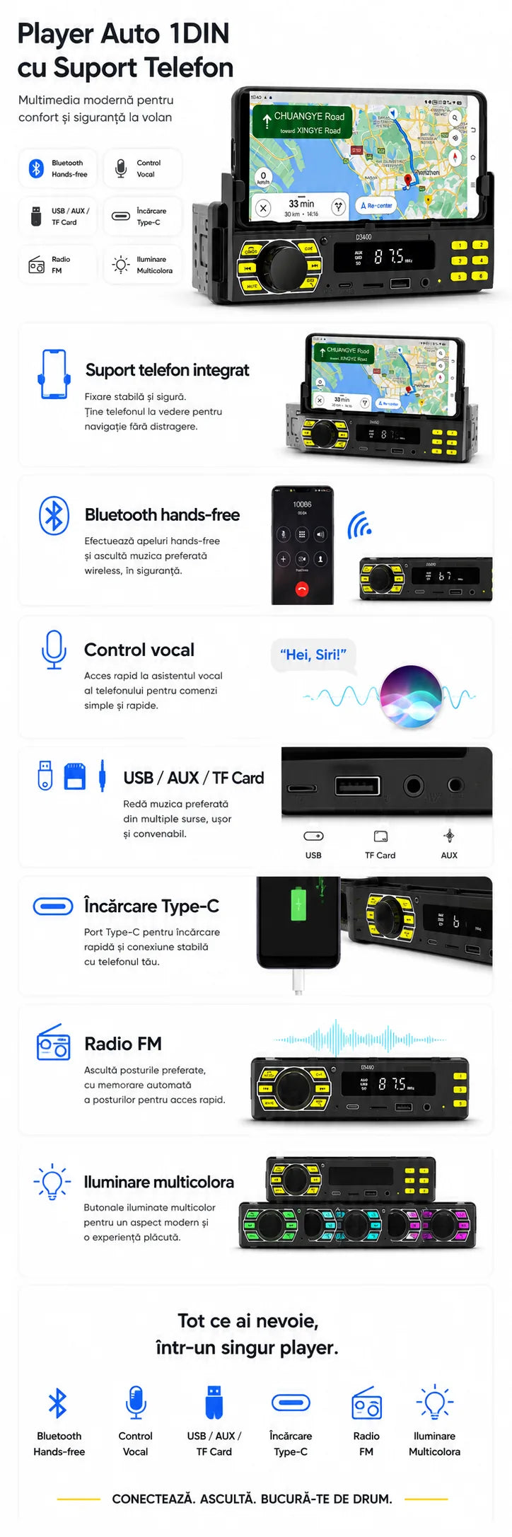 Radio MP3 auto cu suport telefon, MaxTech®, Bluetooth 5.1, USB, AUX, 4x45W, lumini colorate
