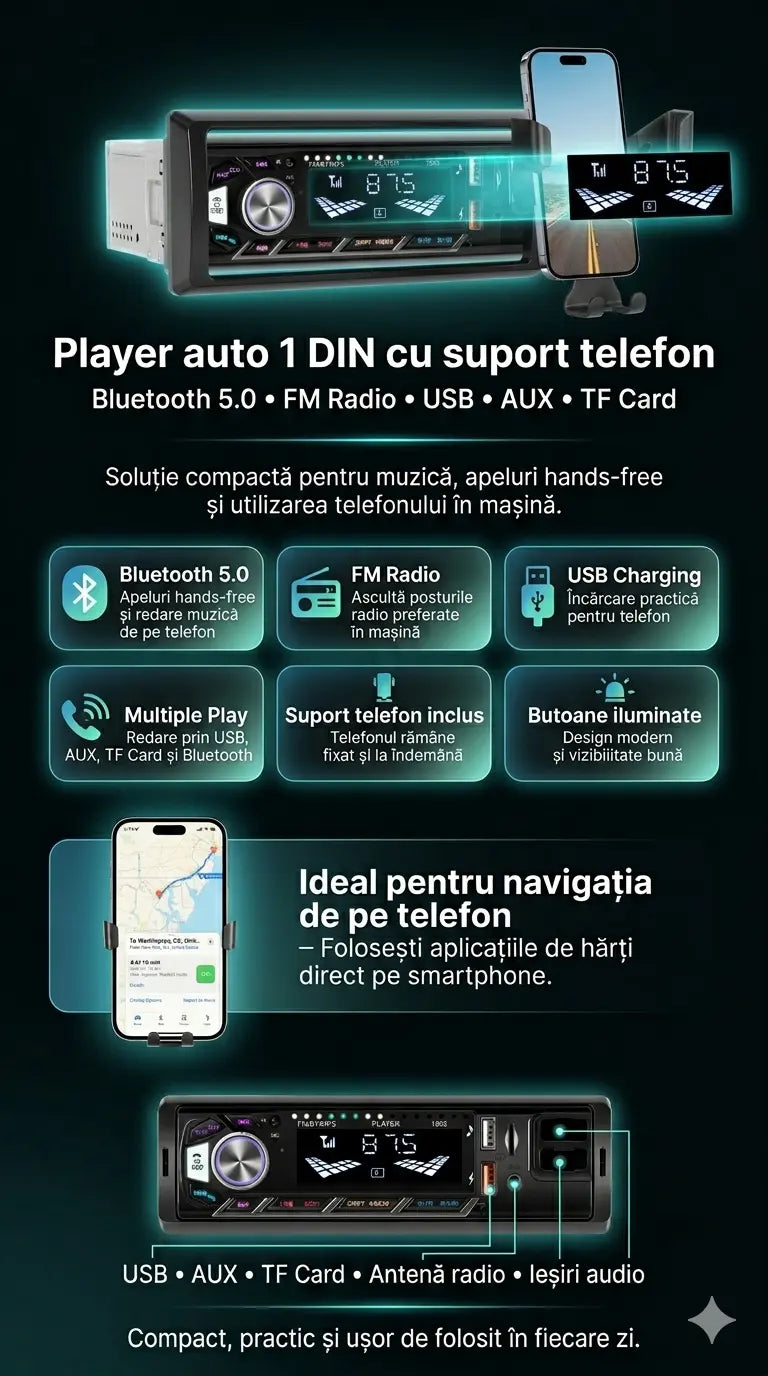 Player auto 1 DIN cu suport telefon detasabil, MaxTech®,Bluetooth 5.0, FM Radio, USB, AUX, TF Card, încărcare telefon