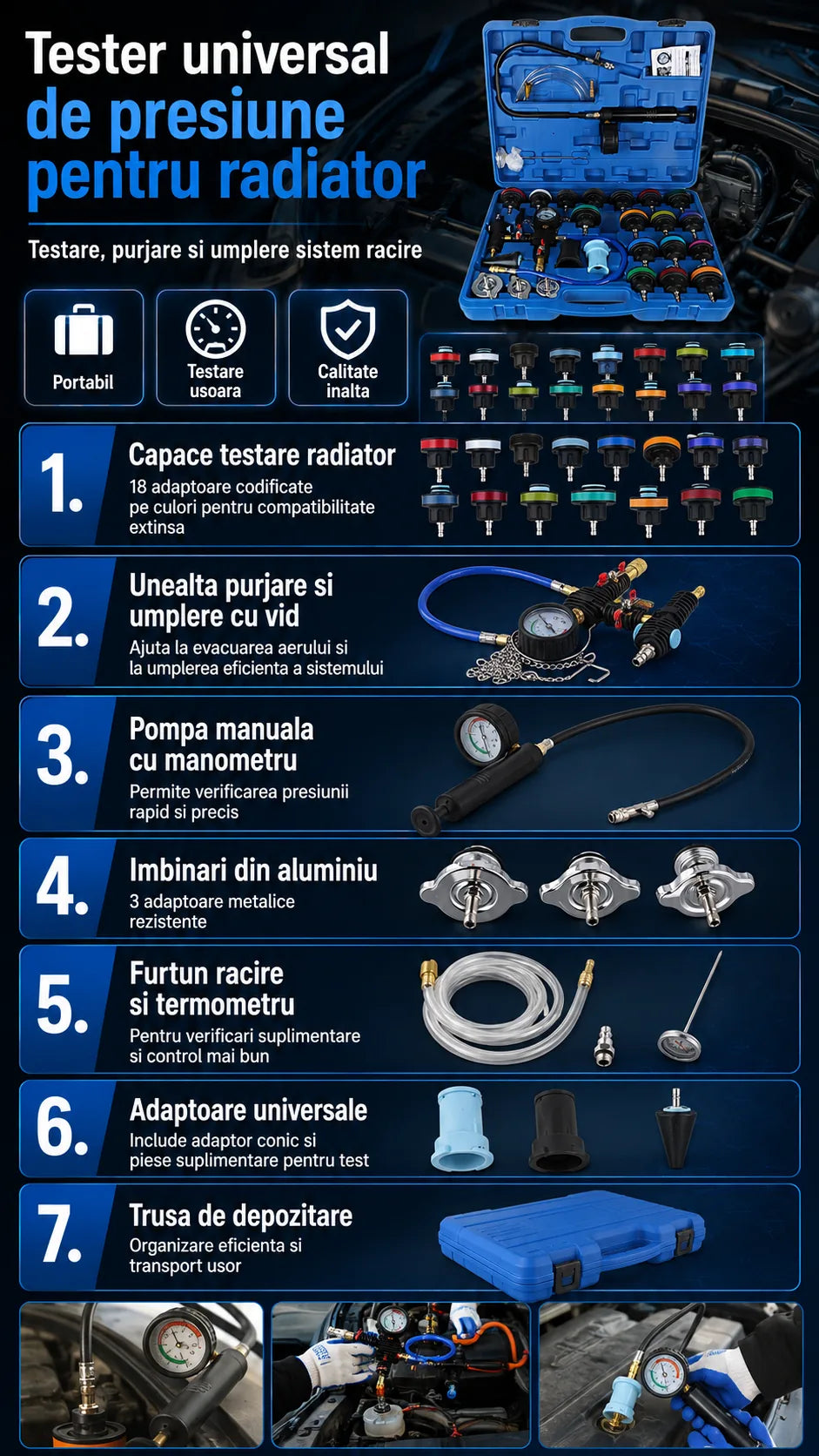 Tester universal presiune radiator, kit verificare sistem racire auto cu pompa, manometru, adaptoare si valiza