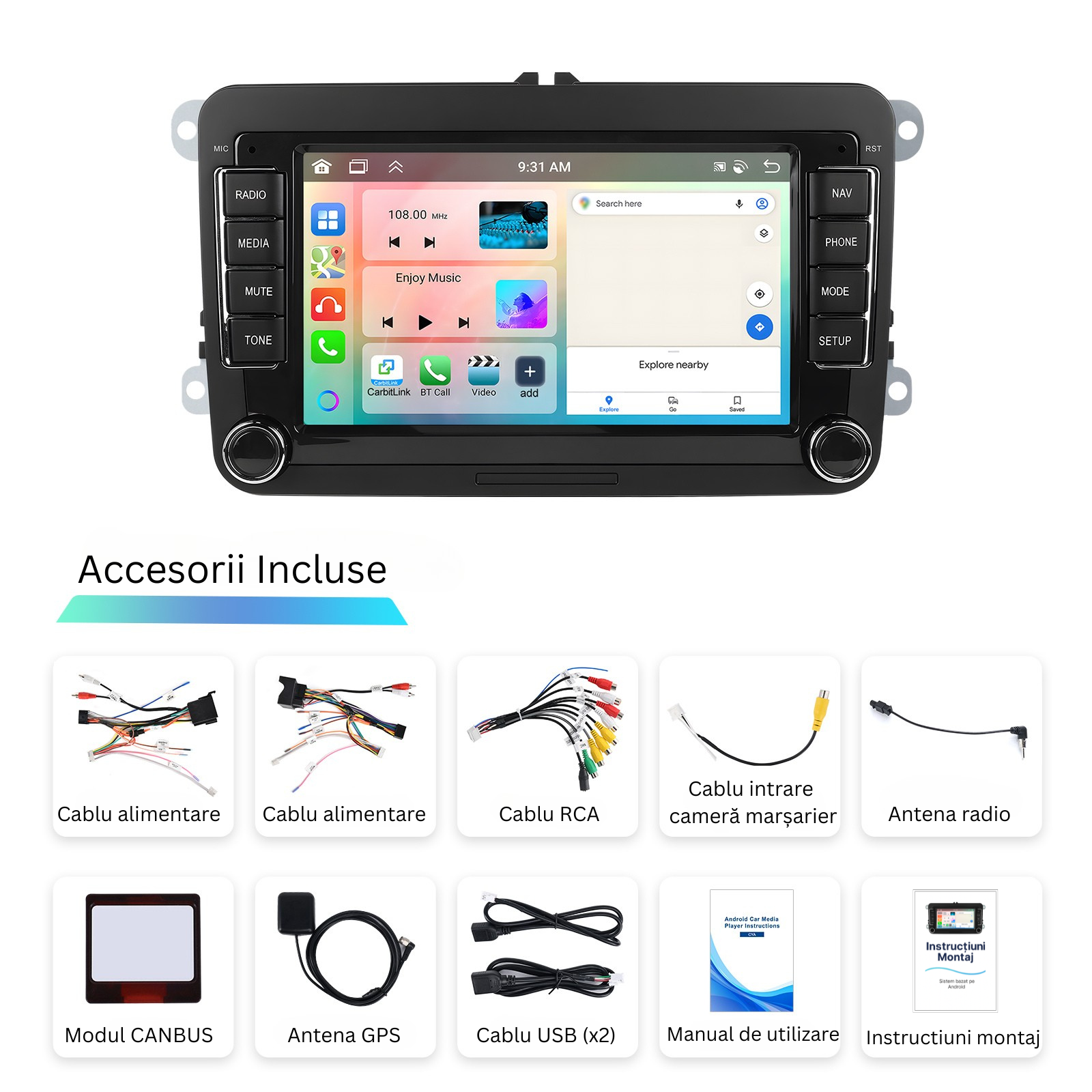 Navigatie Volkswagen, Skoda, SEAT Android, MaxTech® PRO SERIES, 6GB RAM, 128GB, CarPlay & Android Auto, ecran 7 inch HD Touch, Golf, Passat, Jetta, Octavia, Leon, GPS, WiFi, Bluetooth, Waze, RDS, EQ