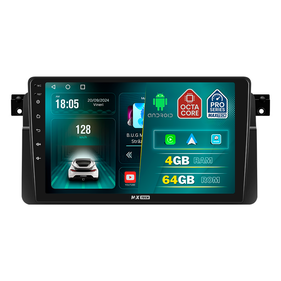 Navigatie  BMW Seria 3 E46 (1999-2005) dedicata, MaxTech® PRO SERIES, 4 GB Ram 64 GB Rom, Carplay si Android auto, Ecran 9 ” HD Touch, GPS, Wifi, Bluetooth, Radio, USB, EQ, DSP, Waze