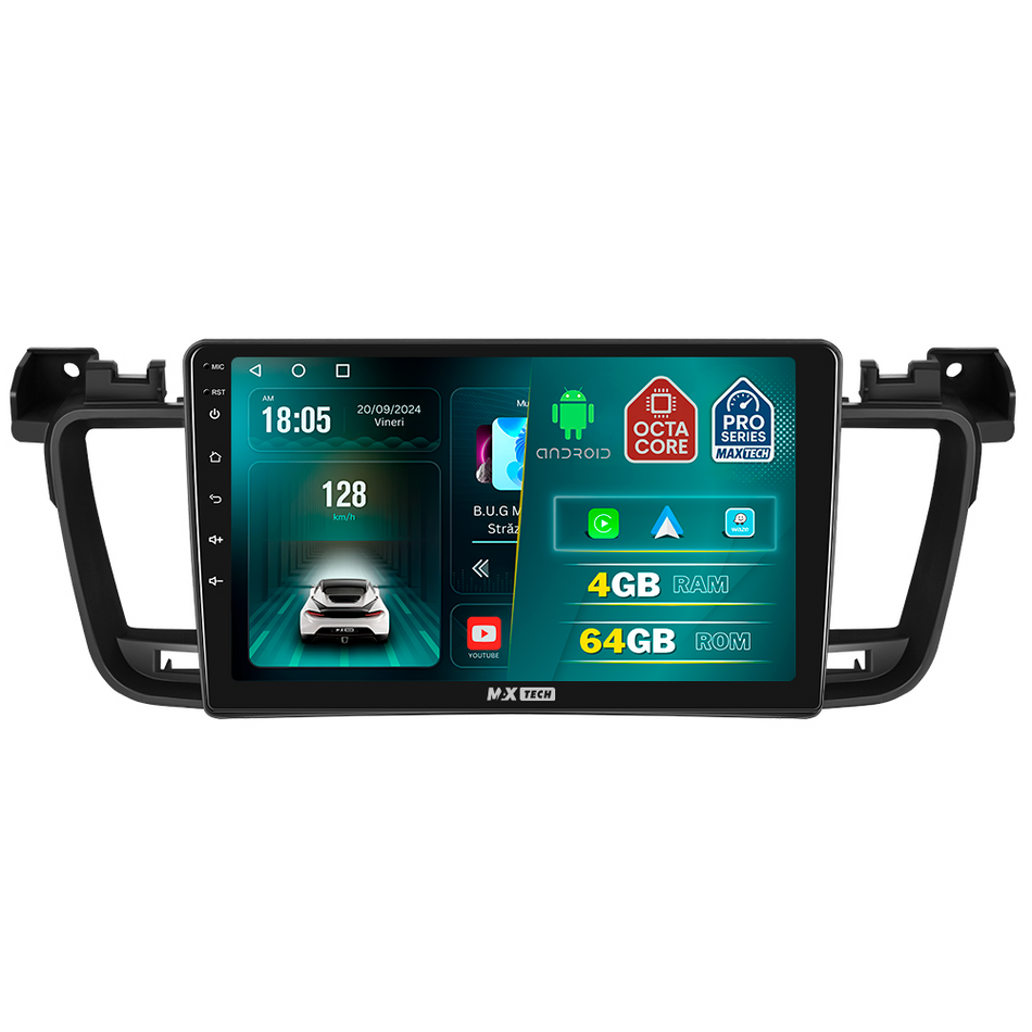 Navigatie Peugeot 508 I (2011-2018) dedicata, MaxTech® PRO SERIES, 4 GB Ram 64 GB Rom, Carplay si Android auto, Ecran 9 ” HD Touch, GPS, Wifi, Bluetooth, Radio, USB, EQ, DSP, Waze