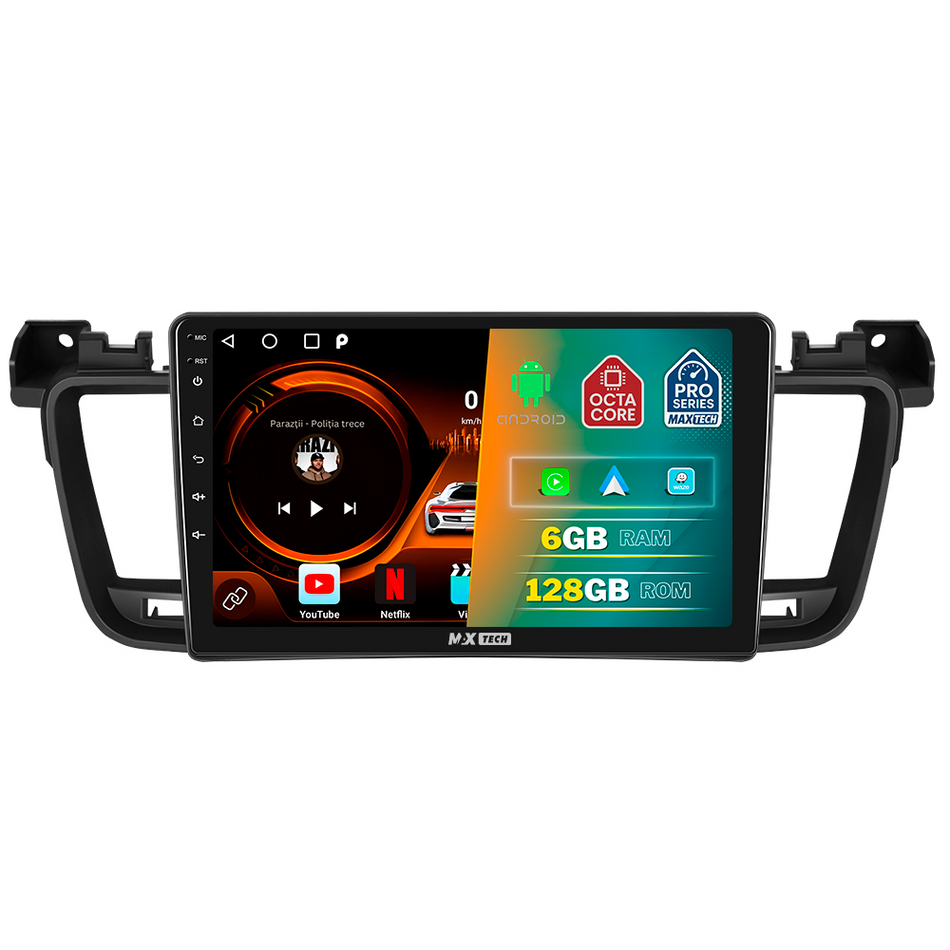 Navigatie Peugeot 508 I (2011-2018) dedicata, MaxTech® PRO SERIES, 6 GB Ram 128 GB Rom, Carplay si Android auto, Ecran 9” HD Touch, GPS, Wifi, Bluetooth, Radio, USB, EQ, DSP, Waze