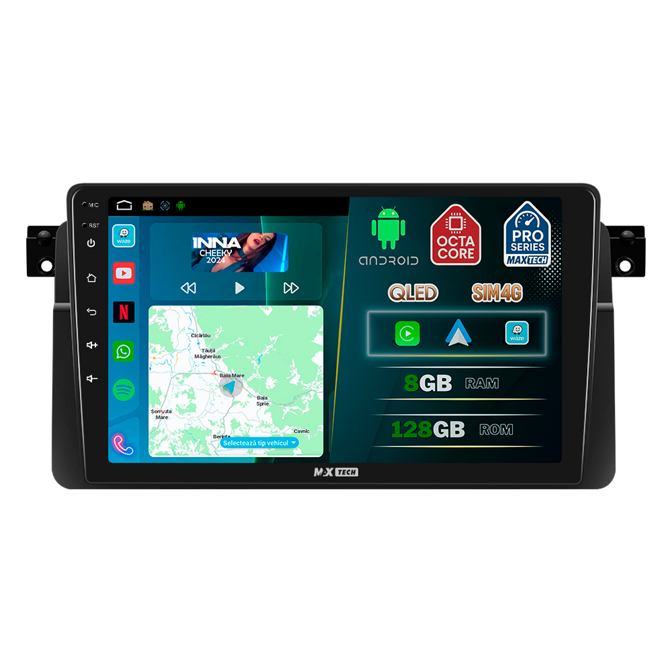Navigatie  BMW Seria 3 E46 (1999-2005) dedicata, MaxTech® PRO SERIES, 8 GB Ram 128 GB Rom, OctaCore, Carplay si Android auto, Ecran 9” HD Touch, Sim 4G, ADI/HI-Res, GPS, Wifi, Bluetooth, Radio, USB, EQ, DSP, Waze