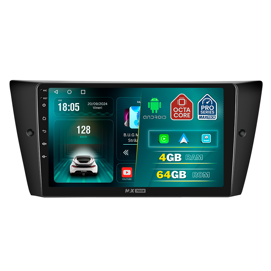 Navigatie BMW Seria 3 E90, E92, E93 (2005-2012) dedicata, MaxTech® PRO SERIES, 4 GB Ram 64 GB Rom, Carplay si Android auto, Ecran 9 ” HD Touch, GPS, Wifi, Bluetooth, Radio, USB, EQ, DSP, Waze
