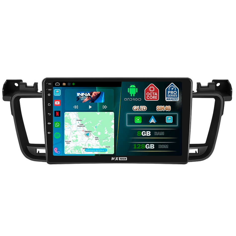Navigatie Peugeot 508 I (2011-2018) dedicata, MaxTech® PRO SERIES, 8 GB Ram 128 GB Rom, OctaCore, Carplay si Android auto, Ecran 9” HD Touch, Sim 4G, ADI/HI-Res, GPS, Wifi, Bluetooth, Radio, USB, EQ, DSP, Waze