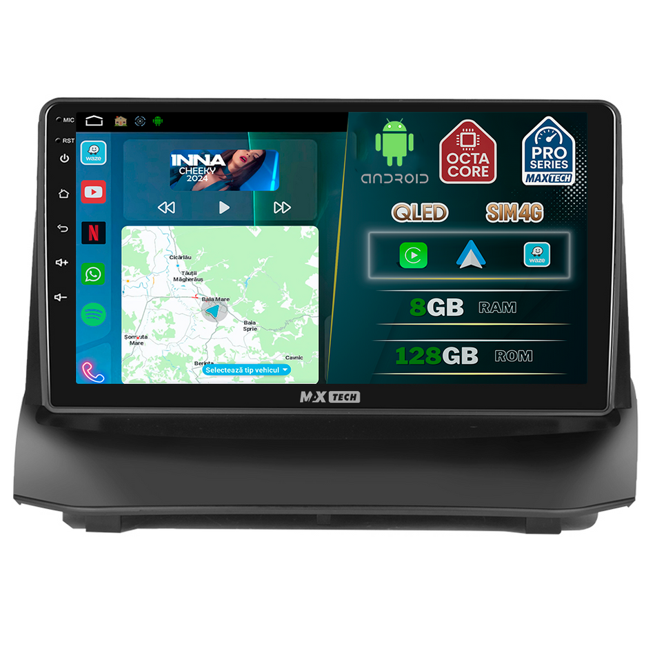 Navigatie Ford Fiesta Mk7 (2009-2014) dedicata, MaxTech® PRO SERIES, 8 GB Ram 128 GB Rom, OctaCore, Carplay si Android auto, Ecran 9” HD Touch, Sim 4G, ADI/HI-Res, GPS, Wifi, Bluetooth, Radio, USB, EQ, DSP, Waze