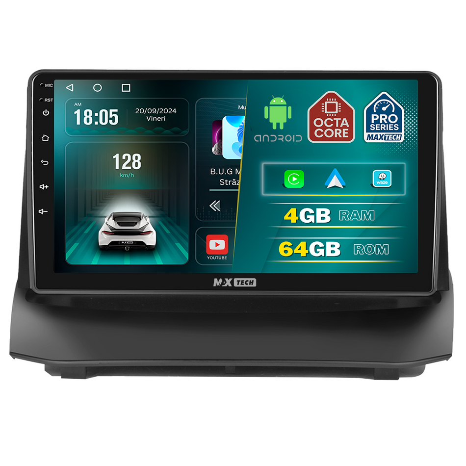 Navigatie Ford Fiesta Mk7 (2009-2014) dedicata, MaxTech® PRO SERIES, 4 GB Ram 64 GB Rom, Carplay si Android auto, Ecran 9 ” HD Touch, GPS, Wifi, Bluetooth, Radio, USB, EQ, DSP, Waze