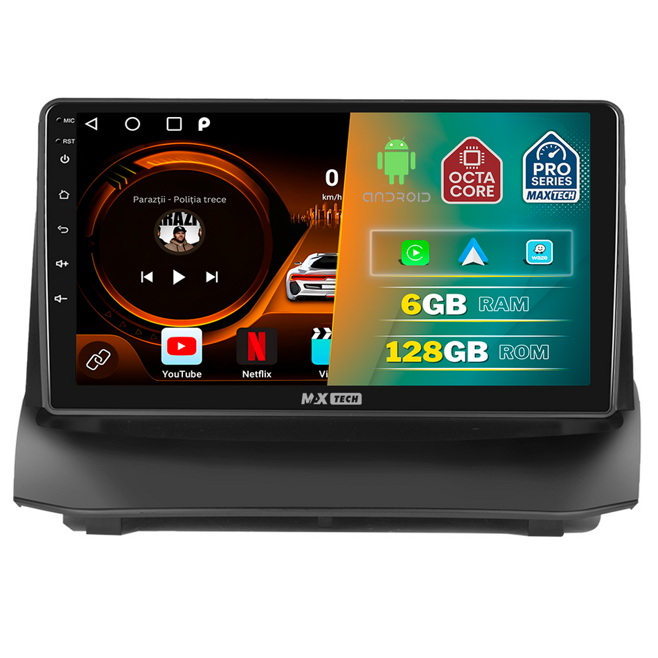 Navigatie Ford Fiesta Mk7 (2009-2014) dedicata, MaxTech® PRO SERIES, 6 GB Ram 128 GB Rom, Carplay si Android auto, Ecran 9” HD Touch, GPS, Wifi, Bluetooth, Radio, USB, EQ, DSP, Waze