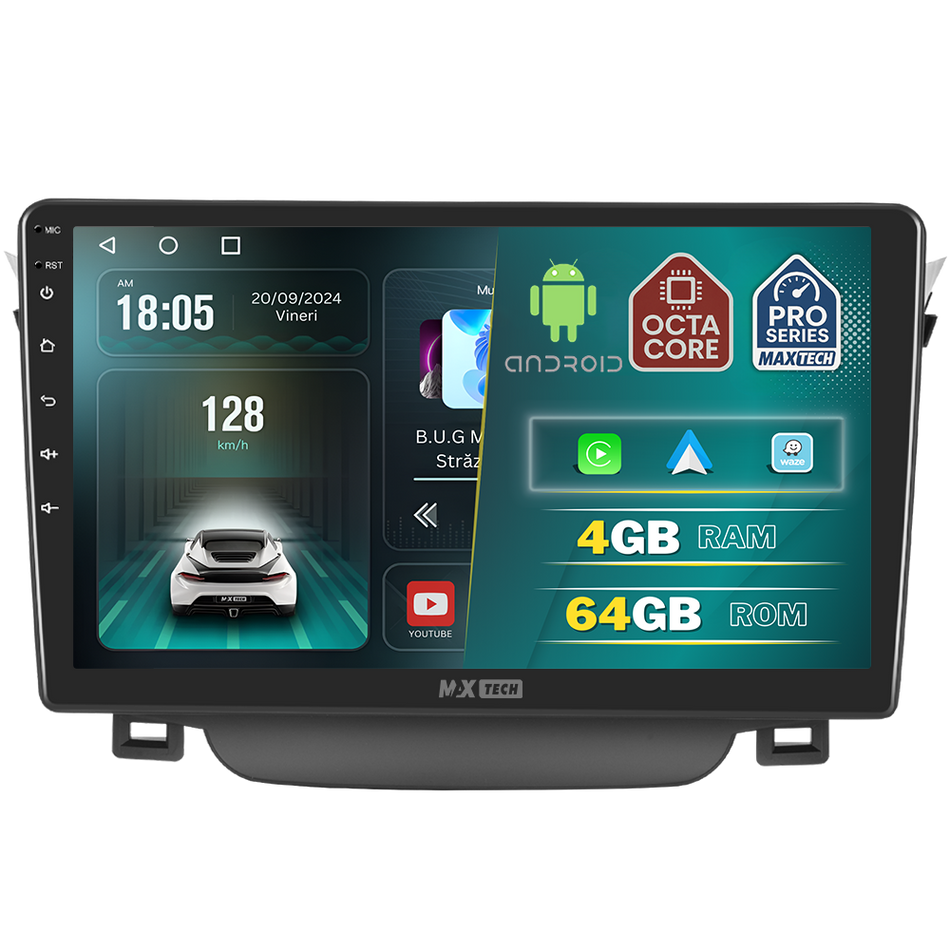 Navigatie Hyundai i30 II (2012-2015) dedicata, MaxTech® PRO SERIES, 4 GB Ram 64 GB Rom, Carplay si Android auto, Ecran 9 ” HD Touch, GPS, Wifi, Bluetooth, Radio, USB, EQ, DSP, Waze