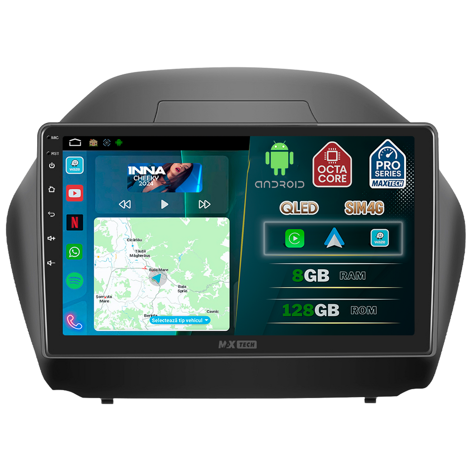 Navigatie Hyundai IX35 (2010-2015) Fara canbus, dedicata, MaxTech® PRO SERIES, 8 GB Ram 128 GB Rom, OctaCore, Carplay si Android auto, Ecran 10” HD Touch, Sim 4G, ADI/HI-Res, GPS, Wifi, Bluetooth, Radio, USB, EQ, DSP, Waze