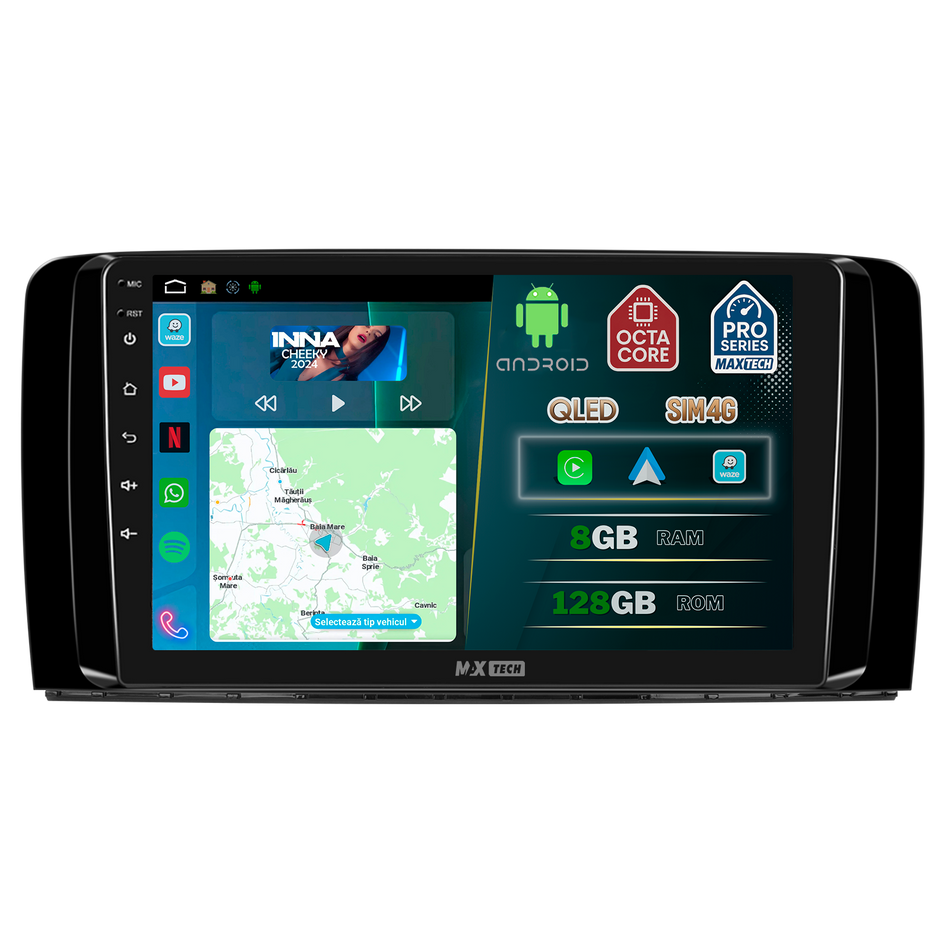 Navigatie Mercedes-Benz R-Class W251 (2006-2013) dedicata, MaxTech® PRO SERIES, 8 GB Ram 128 GB Rom, OctaCore, Carplay si Android auto, Ecran 9” HD Touch, Sim 4G, ADI/HI-Res, GPS, Wifi, Bluetooth, Radio, USB, EQ, DSP, Waze