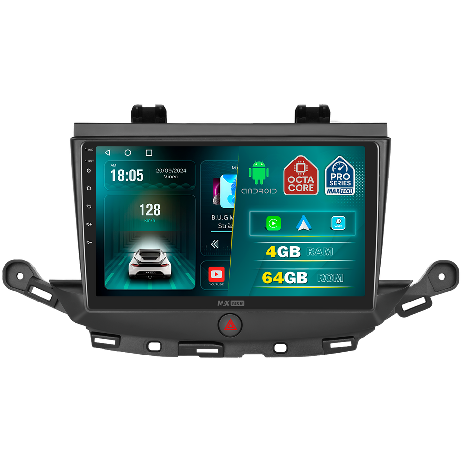 Navigatie Opel Astra K 2015-2019  dedicata, MaxTech® PRO SERIES, 4 GB Ram 64 GB Rom, Carplay si Android auto, Ecran 9 ” HD Touch, GPS, Wifi, Bluetooth, Radio, USB, EQ, DSP, Waze