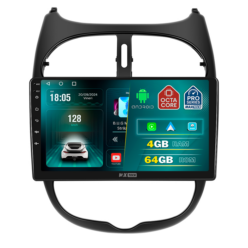 Navigatie Peugeot 206 / 206 CC (2002-2010) dedicata, MaxTech® PRO SERIES, 4 GB Ram 64 GB Rom, Carplay si Android auto, Ecran 9 ” HD Touch, GPS, Wifi, Bluetooth, Radio, USB, EQ, DSP, Waze