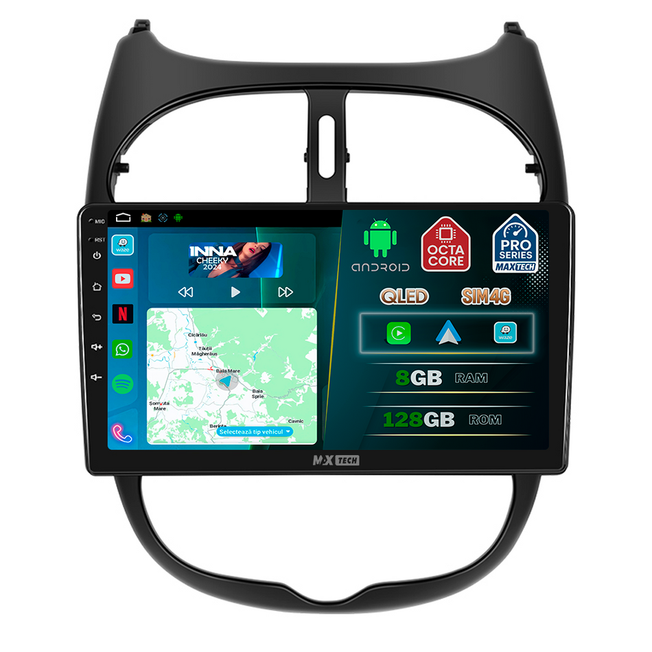 Navigatie Peugeot 206 / 206 CC (2002-2010) dedicata, MaxTech® PRO SERIES, 8 GB Ram 128 GB Rom, OctaCore, Carplay si Android auto, Ecran 9” HD Touch, Sim 4G, ADI/HI-Res, GPS, Wifi, Bluetooth, Radio, USB, EQ, DSP, Waze