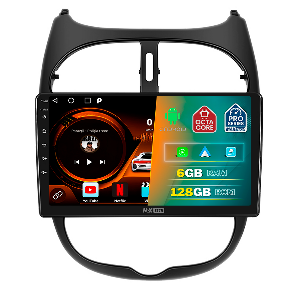 Navigatie Peugeot 206 / 206 CC (2002-2010) dedicata, MaxTech® PRO SERIES, 6 GB Ram 128 GB Rom, Carplay si Android auto, Ecran 9” HD Touch, GPS, Wifi, Bluetooth, Radio, USB, EQ, DSP, Waze