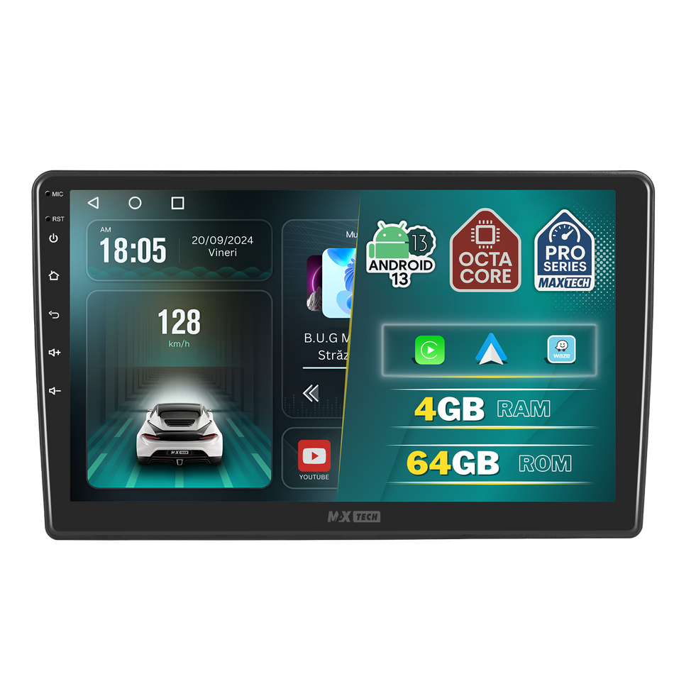 Navigatie Toyota Auris I (2007-2012) dedicata, MaxTech® PRO SERIES, 4 GB Ram 64 GB Rom, Carplay si Android auto, Ecran 10 ” HD Touch, GPS, Wifi, Bluetooth, Radio, USB, EQ, DSP, Waze