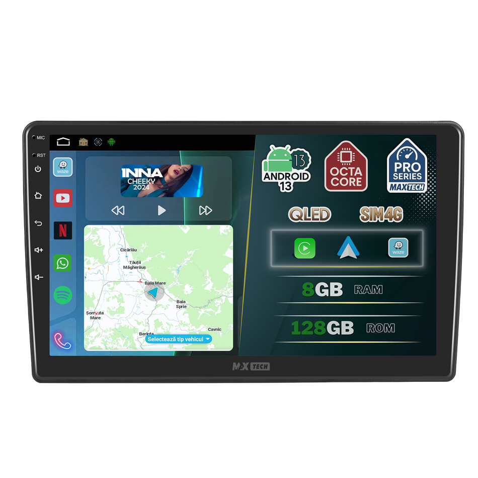 Navigatie Toyota Auris I (2007-2012) dedicata, MaxTech® PRO SERIES, 8 GB Ram 128 GB Rom, OctaCore, Carplay si Android auto, Ecran 10” HD Touch, Sim 4G, ADI/HI-Res, GPS, Wifi, Bluetooth, Radio, USB, EQ, DSP, Waze