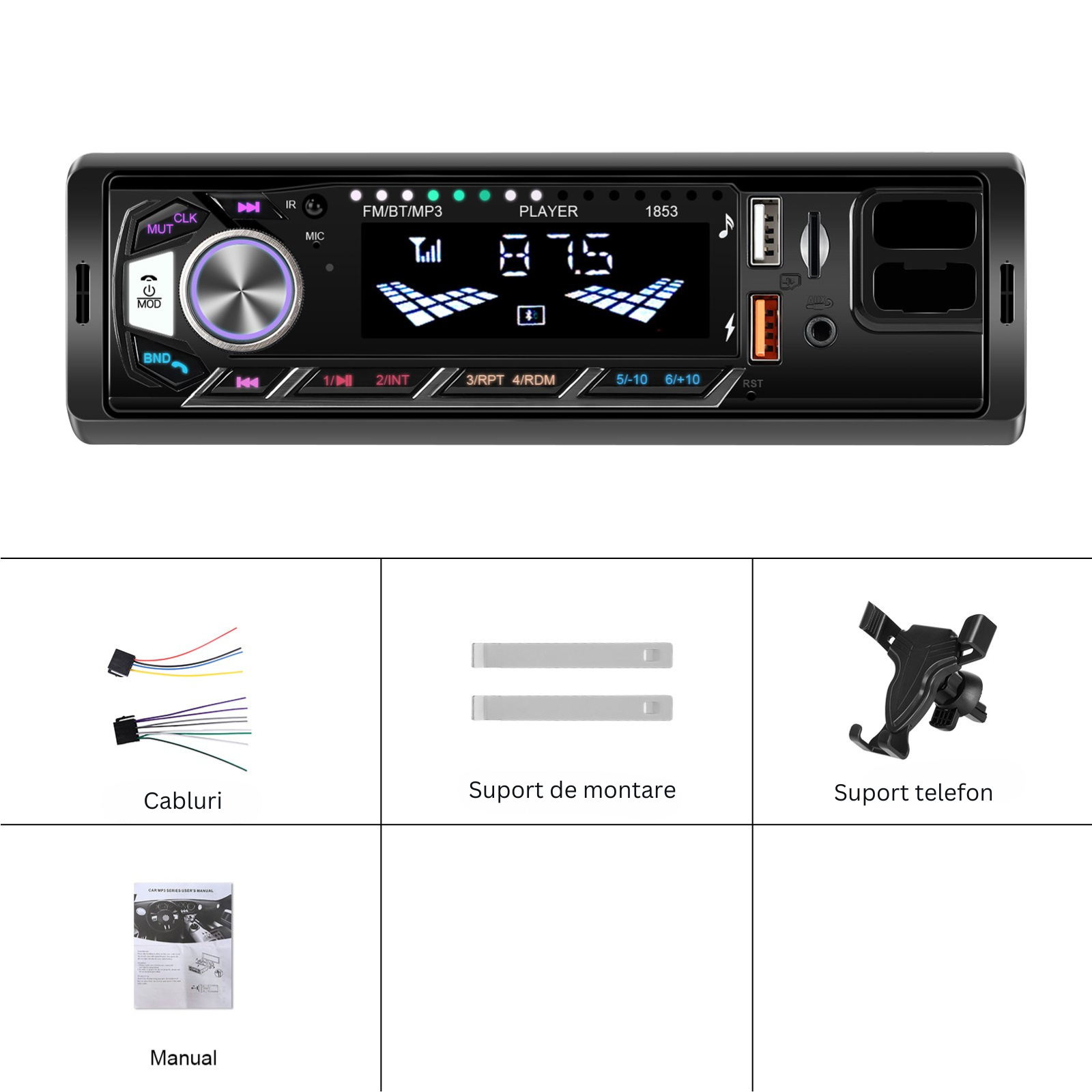Player auto 1 DIN cu suport telefon detasabil, MaxTech®,Bluetooth 5.0, FM Radio, USB, AUX, TF Card, încărcare telefon