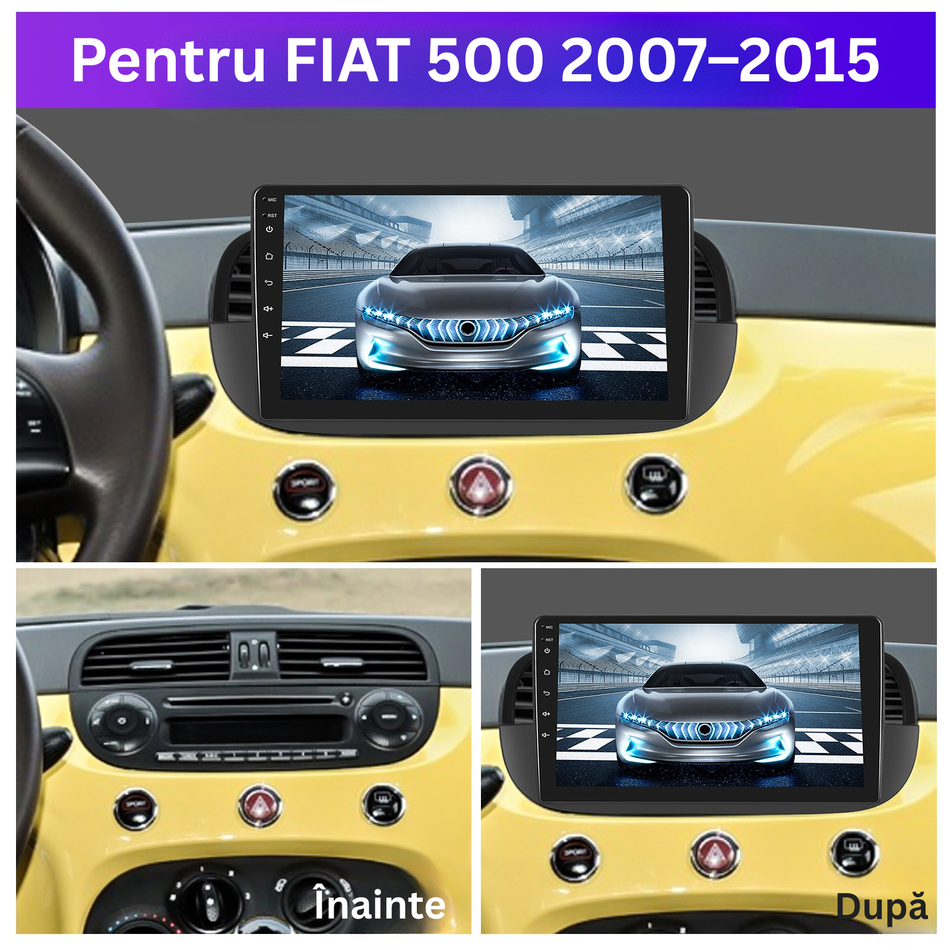 Navigatie Fiat 500 2007–2015 dedicata, MaxTech® PRO SERIES, 8 GB Ram 128 GB Rom, OctaCore, Carplay si Android auto, Ecran 9” HD Touch, Sim 4G, ADI/HI-Res, GPS, Wifi, Bluetooth, Radio, USB, EQ, DSP, Waze